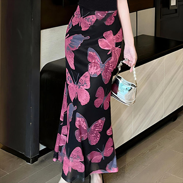 Damen elegantes Maxikleid mit floralem Schmetterlingsmuster und fließendem Stoff Drune