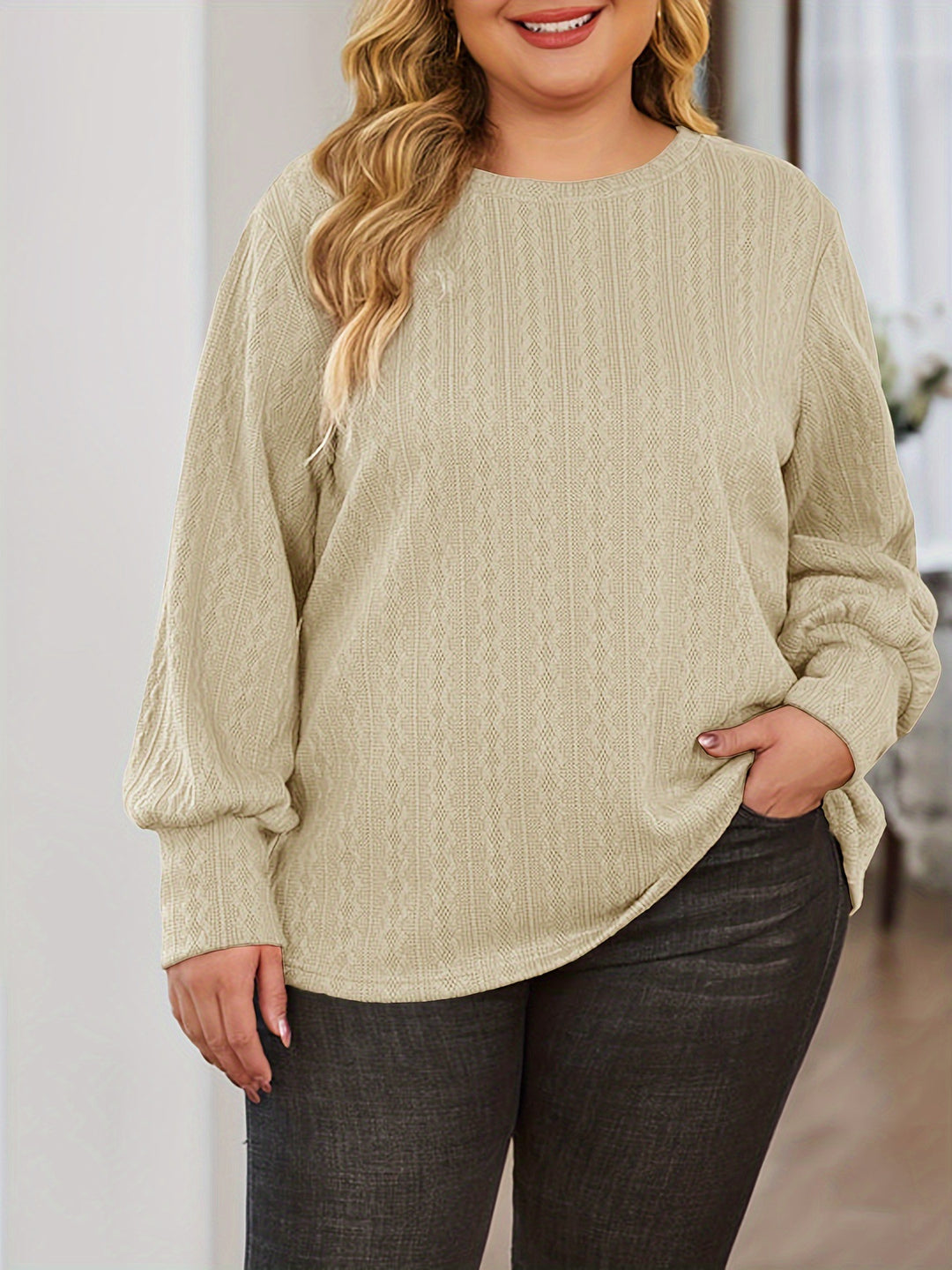 Damen Texturierter Oversize-Strickpullover mit Rundhalsausschnitt und Ballonärmeln Drune