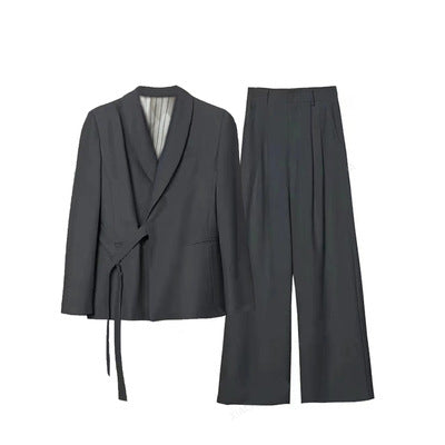 Damen Asymmetrisches Wickel-Blazer-Set mit Bindegürtel und weitem Bundfaltenhose Drune