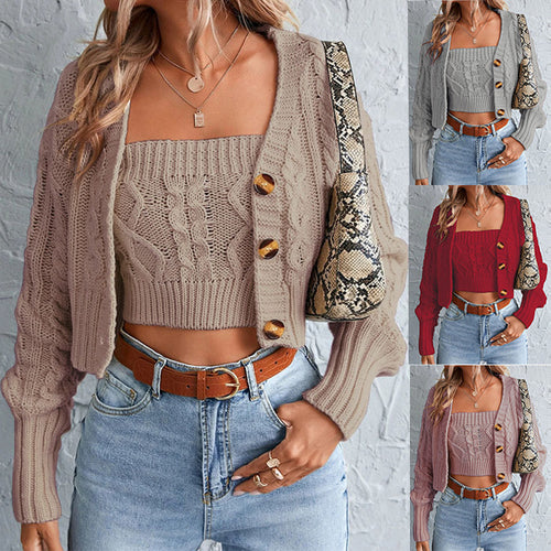 Damen lässiges Strick-Set mit offener Jacke und Crop-Top Drune