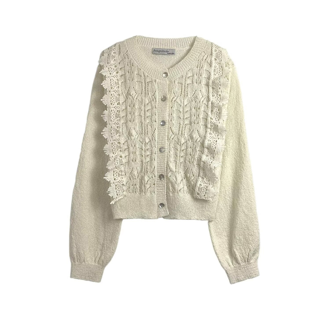 Damen Strickjacke mit aufwendiger Häkelspitze und eleganten Rüschendetails Drune