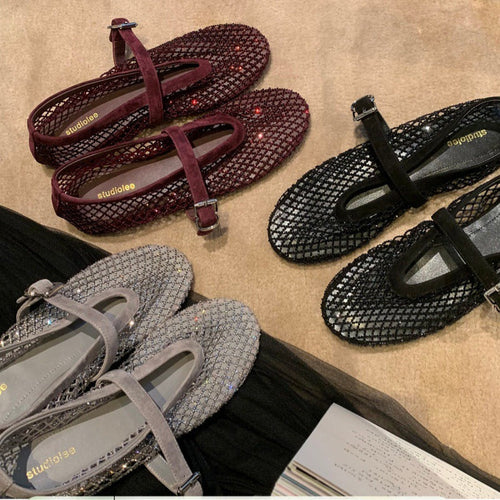 Damen elegante Ballerina-Schuhe mit dekorativem Riemchen und funkelnden Akzenten Drune