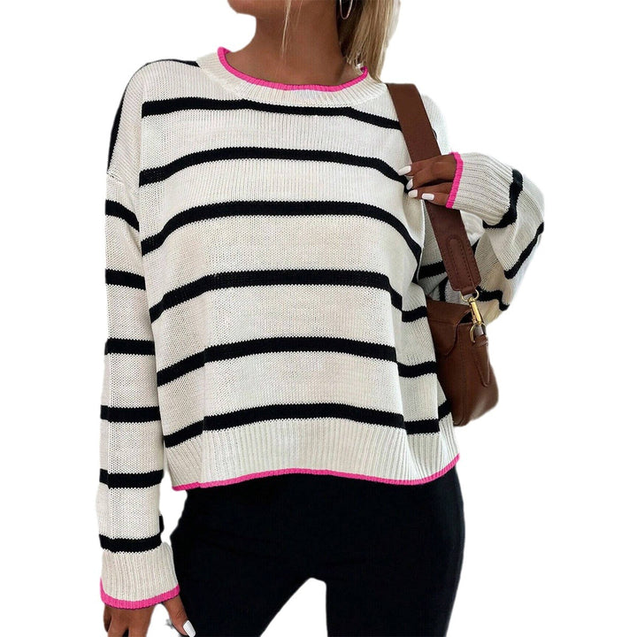 Damen lässiger gestrickter Pullover mit modischem Streifenmuster und kontrastierenden Abschlüssen Drune