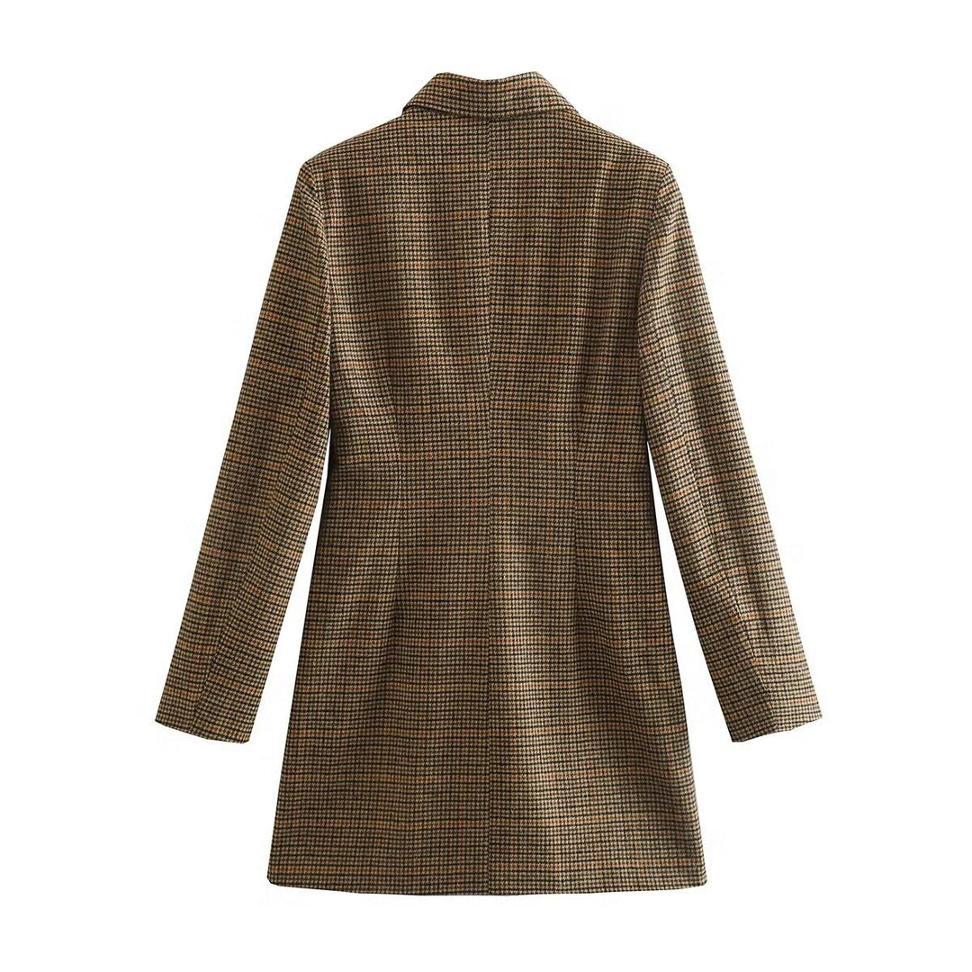 Damen nan taillierter zweireihiger Longblazer mit Glencheck-Struktur, Schalkragen und Pattentaschen Drune