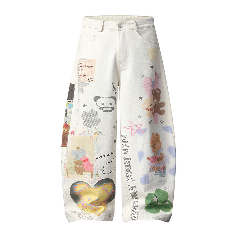 Damen Weite High‑Waist Culotte-Jeans mit verspieltem Allover-Mixed-Print und elastischem Saum Drune