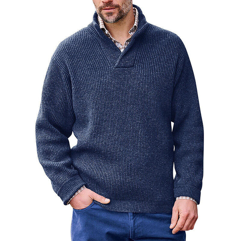 Herren Rippenstrick-Pullover mit Schalkragen und kurzem V-Ausschnitt Drune