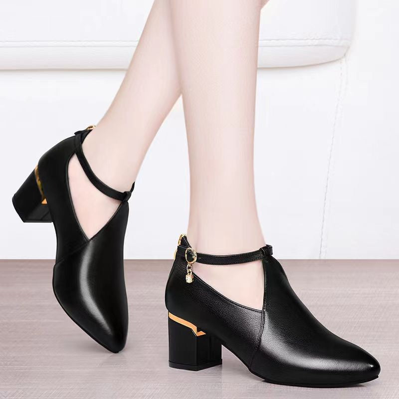 Damen nan spitz zulaufende Pumps mit Cut-Out, Knöchelriemchen, Fersenreißverschluss und mittelhohem Blockabsatz Drune