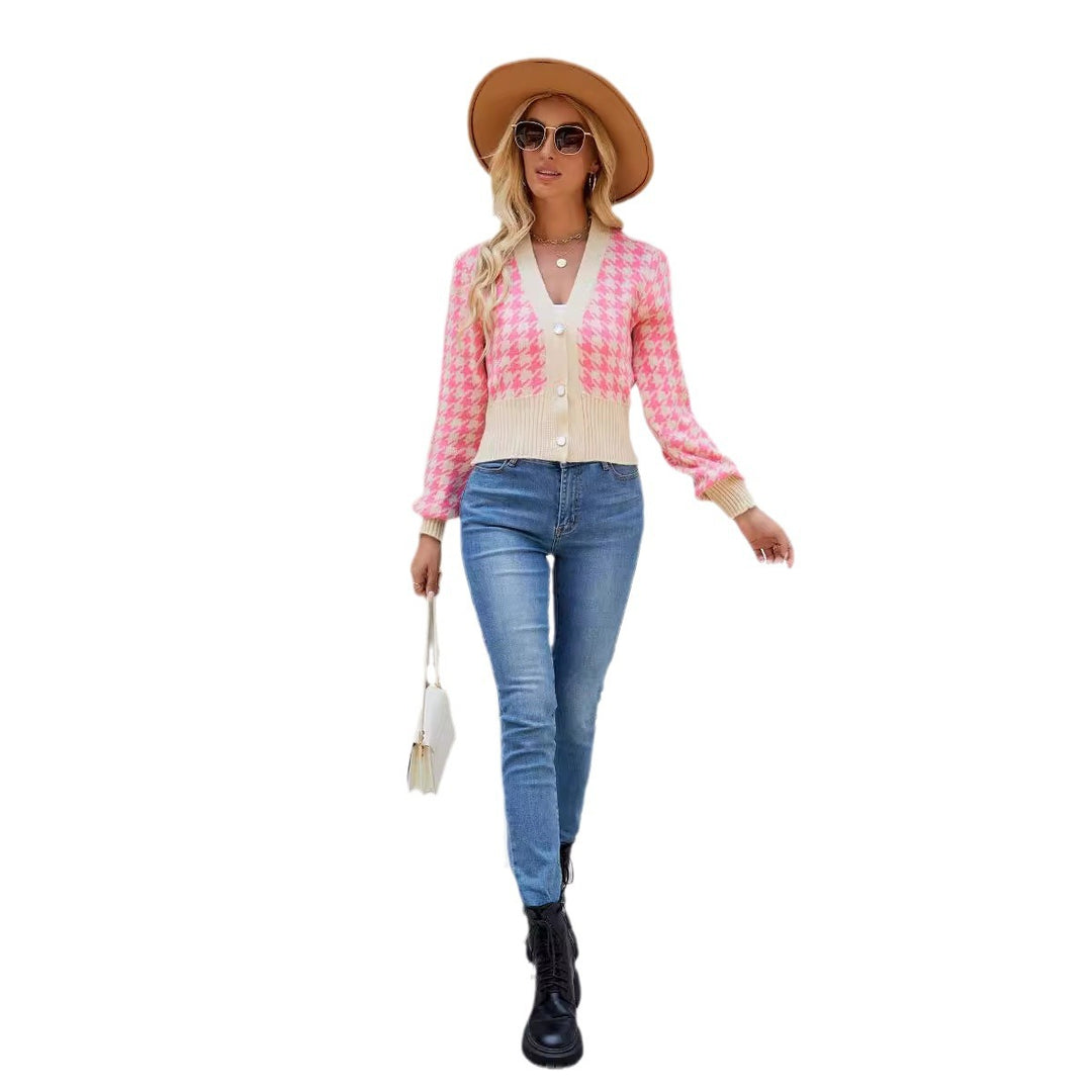 Damen Strickjacke mit V-Ausschnitt und Retro-Muster Drune
