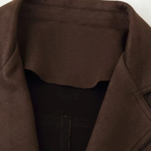 Damen Taillierter Kurzmantel aus Veloursimitat mit Reverskragen und Bindegürtel Drune