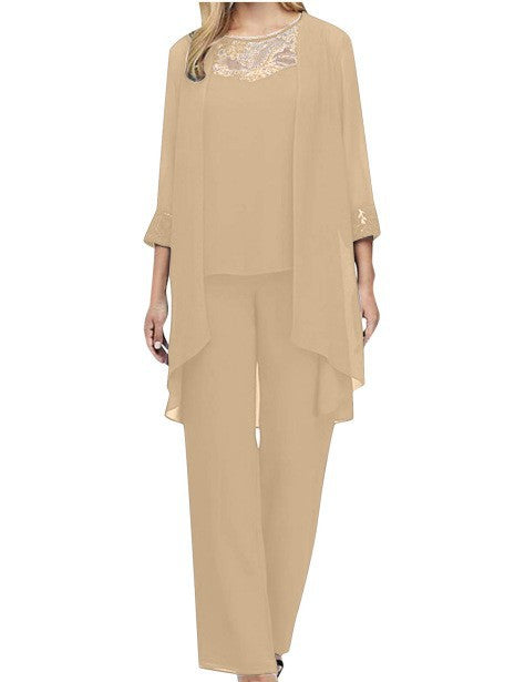 Damen nan fließendes Chiffon-Abendensemble mit Spitzenbesatz, Kimono-Cardigan und weiter Palazzohose Drune