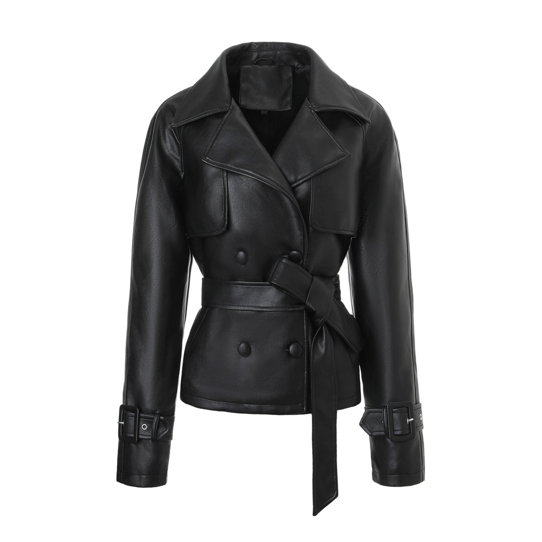 Damen Elegante Kunstlederjacke mit Gürtel Drune