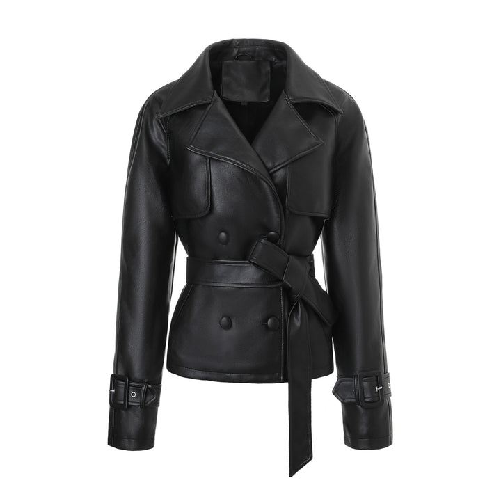 Damen Elegante Kunstlederjacke mit Gürtel Drune