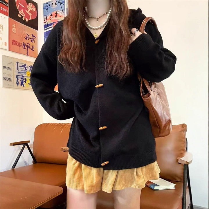 Damen stylische Strickjacke mit Kapuze und dekorativen Knöpfen Drune
