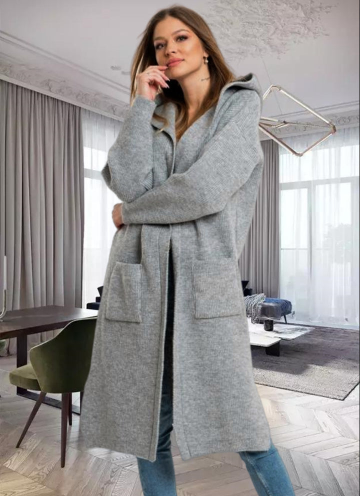 Damen Strickmantel mit Kapuze und großen Taschen Drune