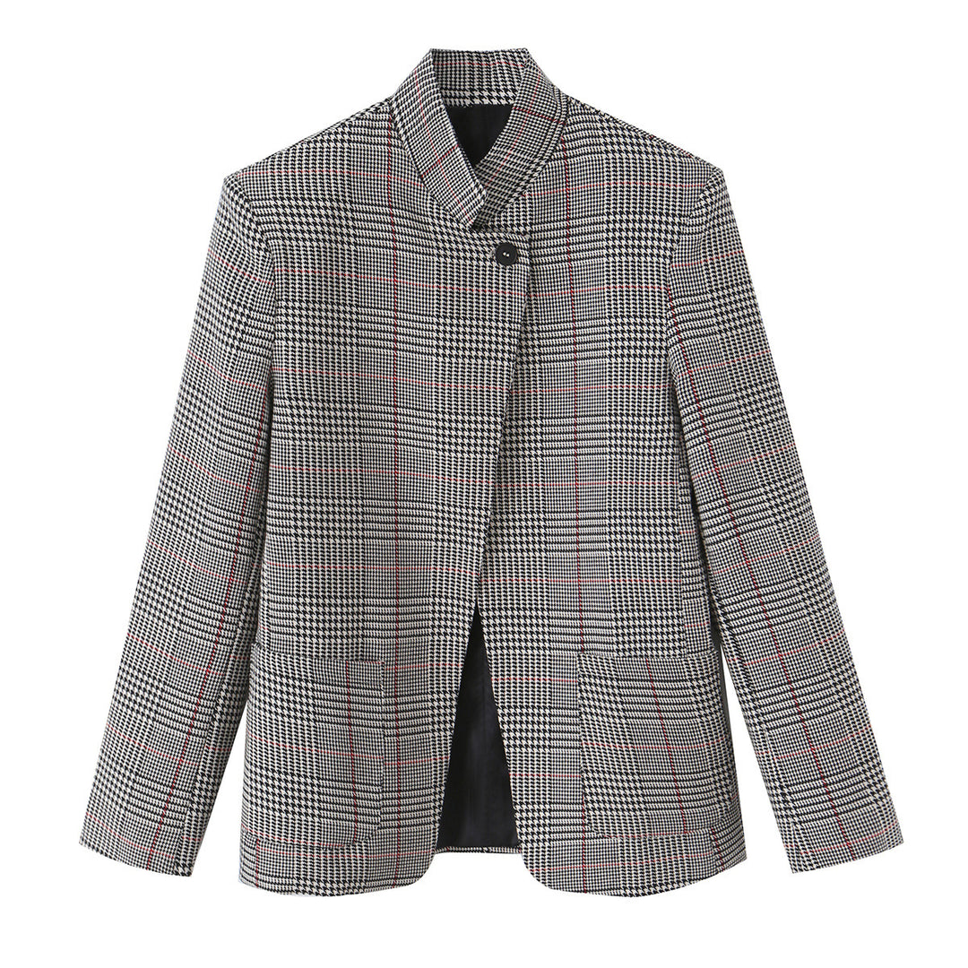 Damen Glencheck-Kurzblazer im Boxy-Schnitt mit Stehkragen und verdeckter Knopfleiste Drune