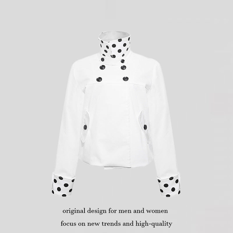 Damen Kurze Double-Breasted Jacke mit Stehkragen und Polka‑Dot-Futter Drune