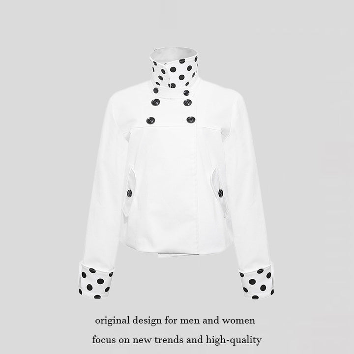 Damen Kurze Double-Breasted Jacke mit Stehkragen und Polka‑Dot-Futter Drune