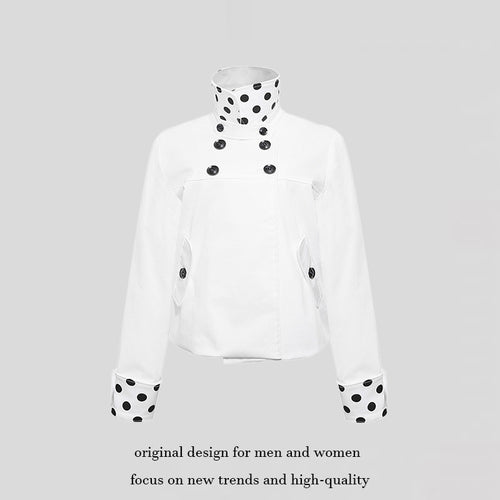 Damen Kurze Double-Breasted Jacke mit Stehkragen und Polka‑Dot-Futter Drune