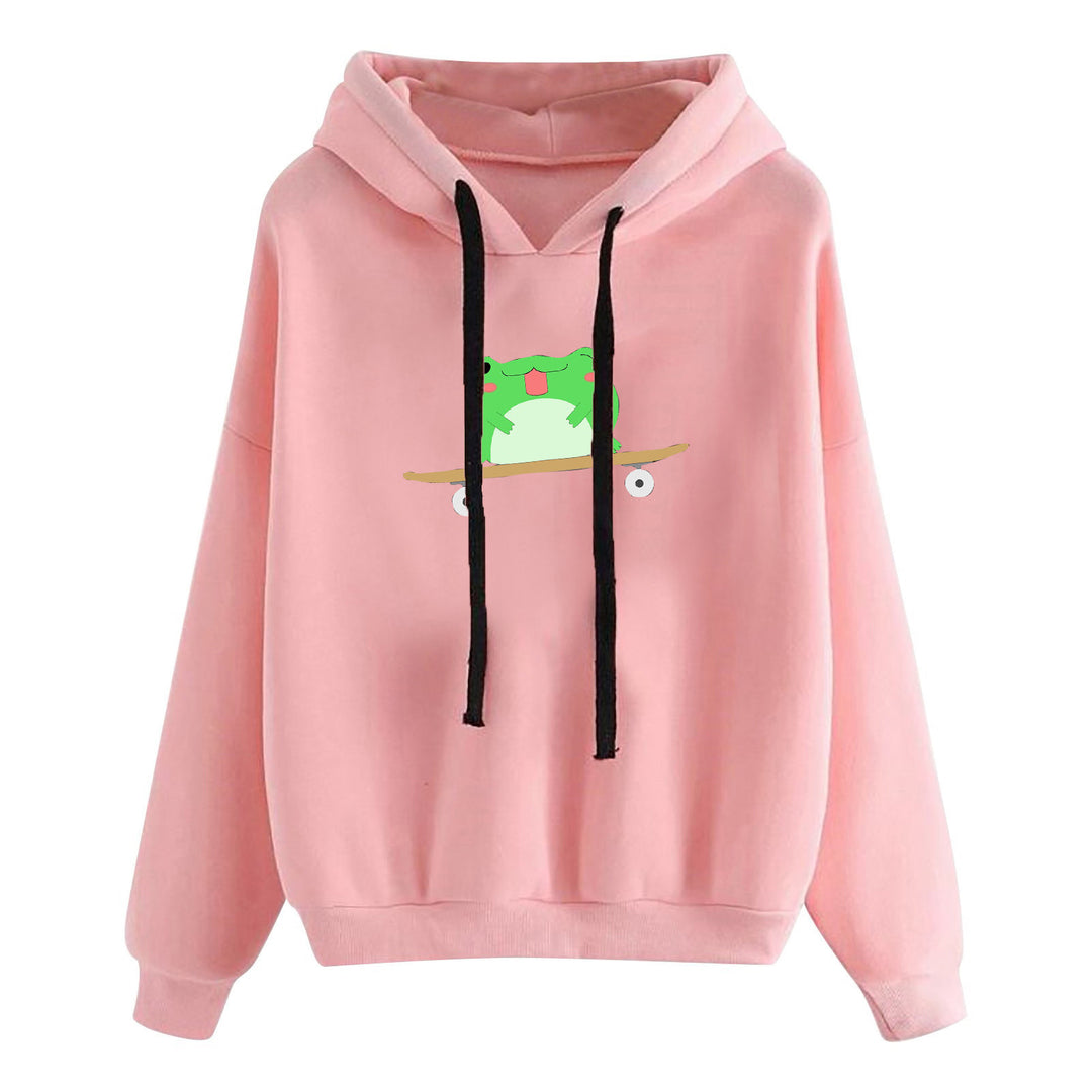 Damen nan kurz geschnittener Cropped-Kapuzenpullover mit niedlicher Frosch-Illustration und verstellbarer Kapuze Drune