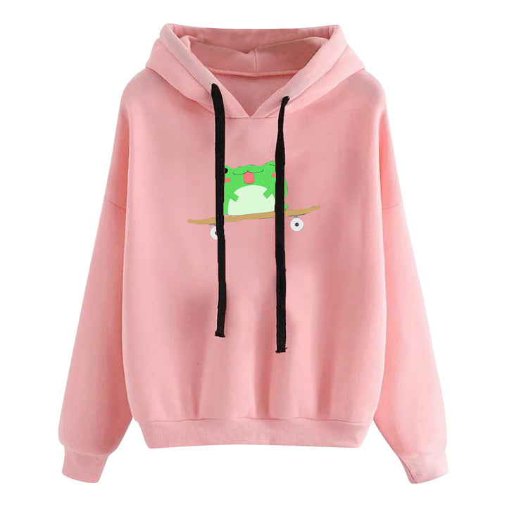 Damen nan kurz geschnittener Cropped-Kapuzenpullover mit niedlicher Frosch-Illustration und verstellbarer Kapuze Drune