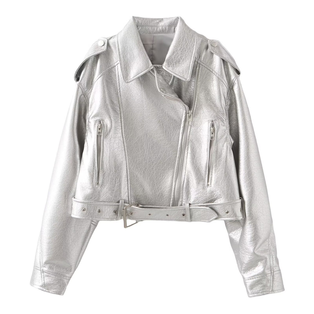 Damen Kurzjacke im Bikerstil aus soften Kunstleder mit Taillenriegel Drune