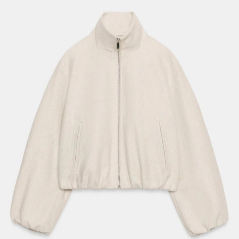 Damen Kurz geschnittene Bouclé‑Blousonjacke mit Stehkragen, elastischem Saum und Ballonärmeln Drune