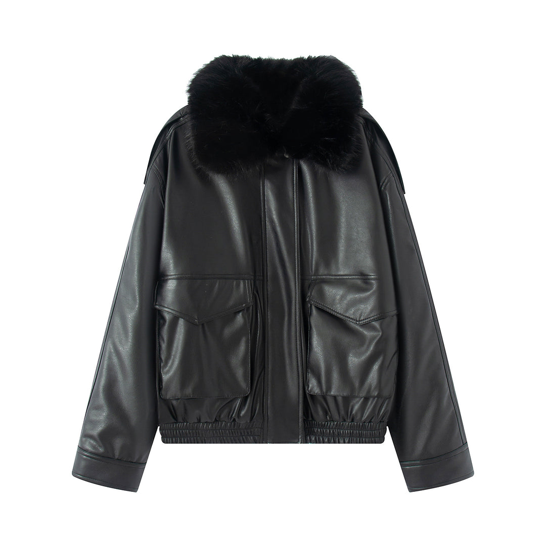 Damen nan taillierter Kunstleder-Blouson mit voluminösem Kunstfellkragen und aufgesetzten Pattentaschen Drune