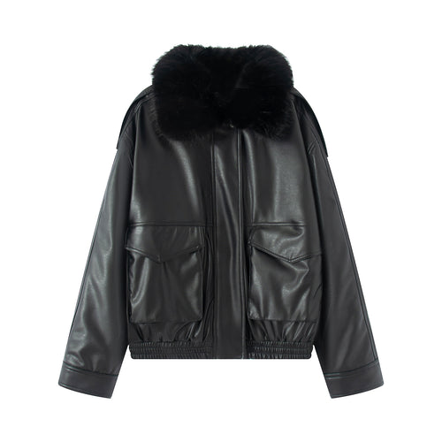 Damen nan taillierter Kunstleder-Blouson mit voluminösem Kunstfellkragen und aufgesetzten Pattentaschen Drune