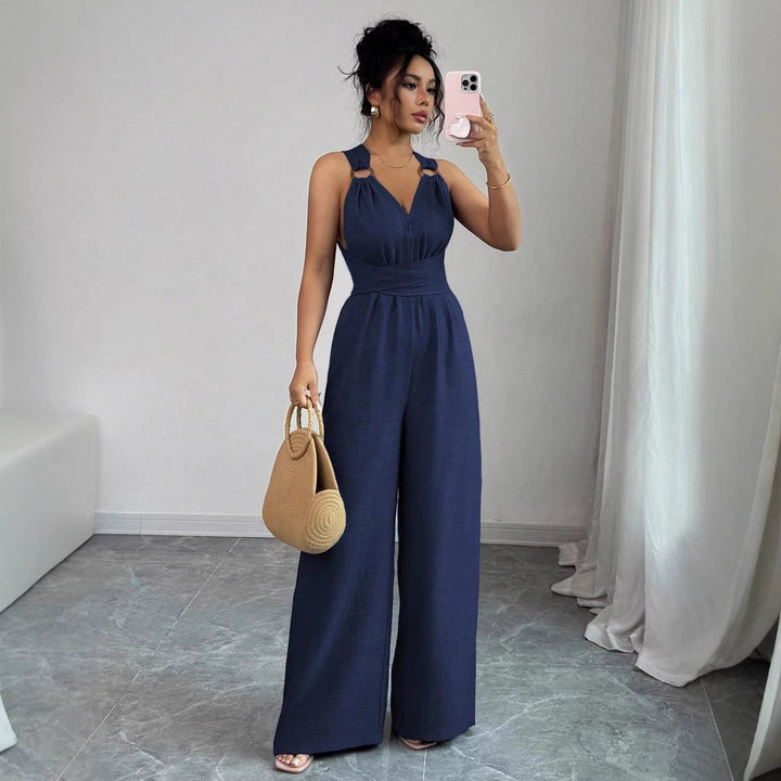 Damen Jumpsuit mit weitem Bein, tailliertem Wickelband und Ösen-Trägern Drune