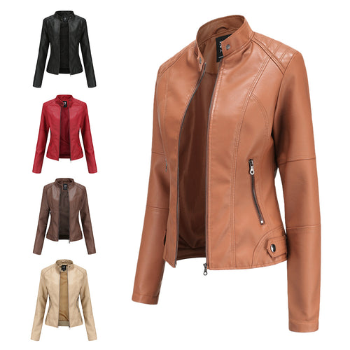 Damen nan schlanke Kunstlederjacke im Bikerstil mit Stehkragen und formenden Abnähern Drune