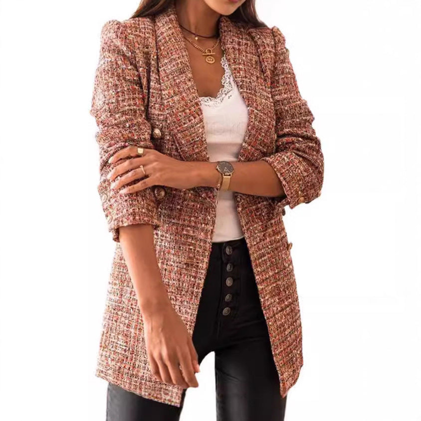 Damen Elegante Tweed-Blazerjacke mit tailliertem Schnitt und Knopfdetail Drune