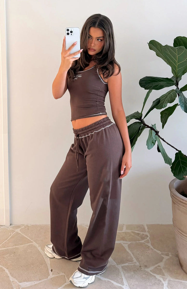 Damen lässiges Crop-Top und weite High-Waist Lounge-Jogginghose Set Drune