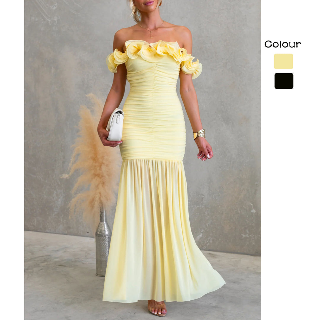 Damen Off-Shoulder Maxikleid mit voluminösen Rüschendetails und elegantem Taillenschnitt Drune