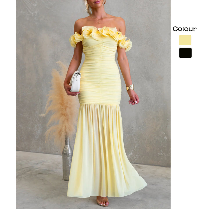 Damen Off-Shoulder Maxikleid mit voluminösen Rüschendetails und elegantem Taillenschnitt Drune