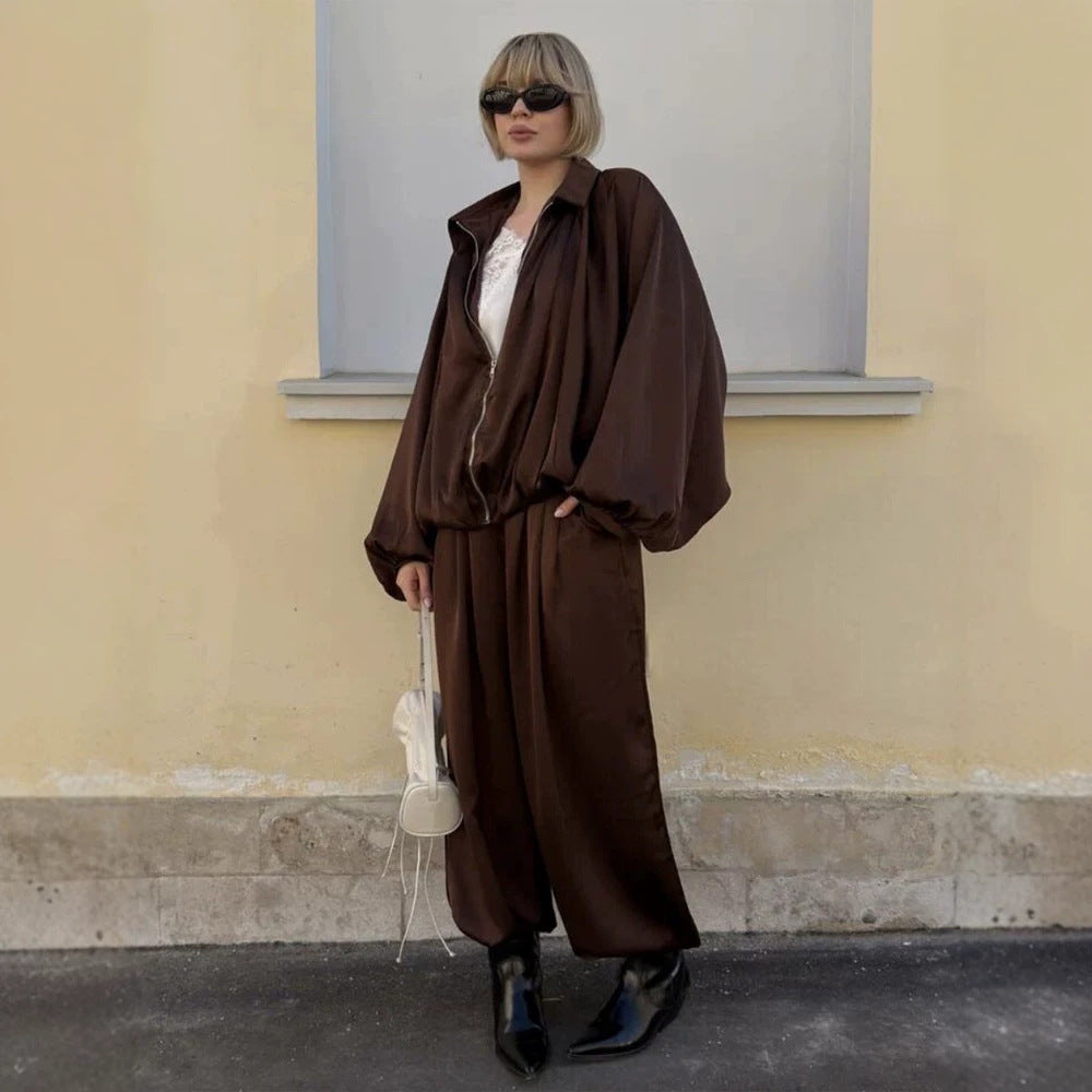 Damen Elegantes Satin-Zweiteiler-Set mit Oversize-Blouson und weiter Palazzo-Hose Drune