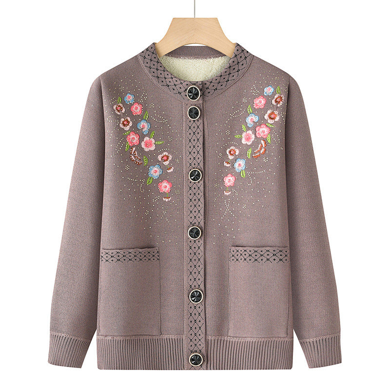 Damen nan bestickte Strickjacke mit Rundhals, aufgesetzten Taschen und dekorativer Knopfleiste Drune