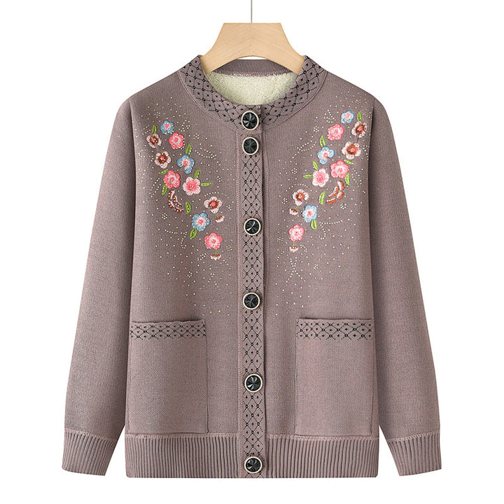 Damen nan bestickte Strickjacke mit Rundhals, aufgesetzten Taschen und dekorativer Knopfleiste Drune