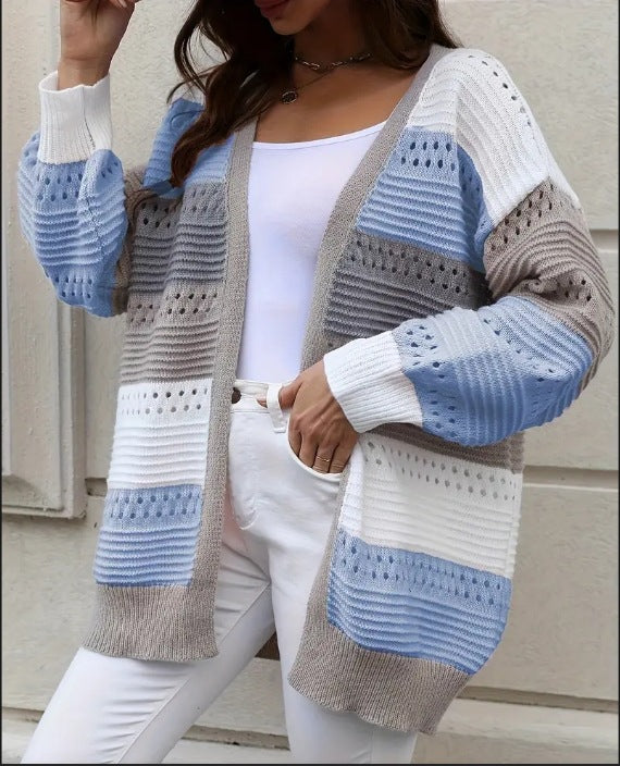 Damen Großer Strickcardigan mit einzigartigem Lochmuster und Farbblockdesign Drune