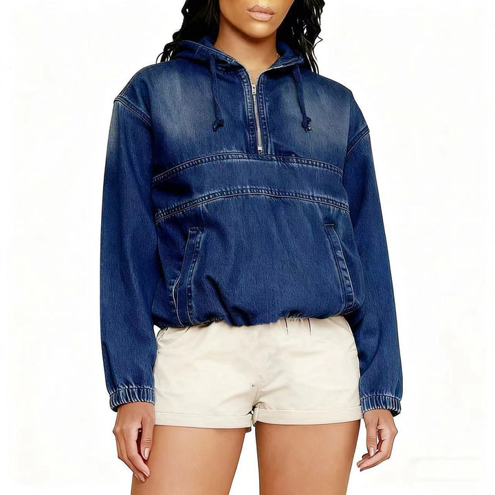 Damen Oversize Jeans-Hoodie mit halbem Reißverschluss, Kängurutasche und elastischem Saum Drune