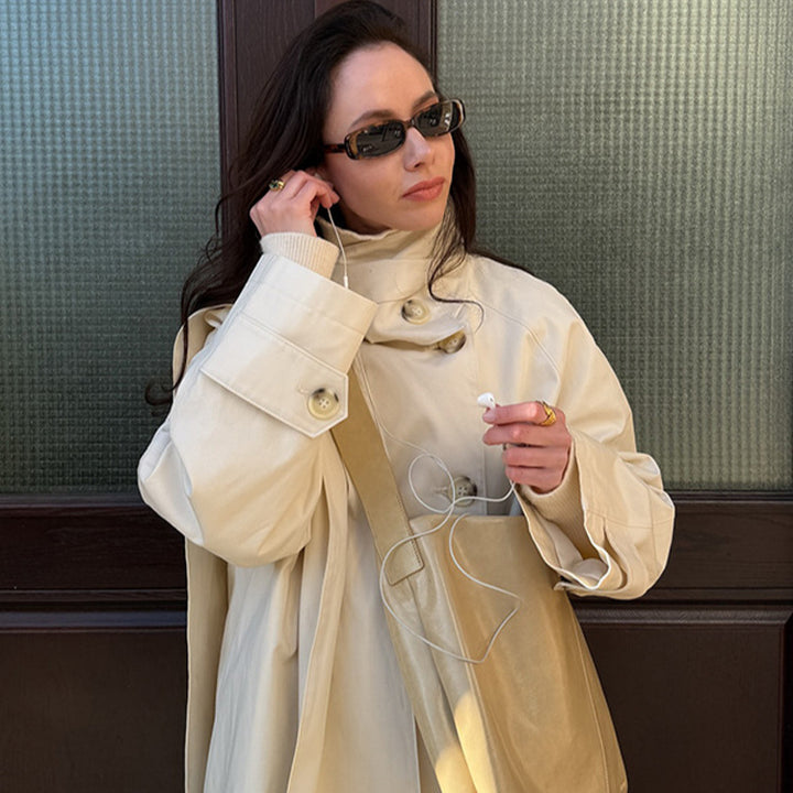 Damen Kurzer Oversize-Trench mit hohem Stehkragen, verdeckter Knopfleiste & weiten Manschetten Drune