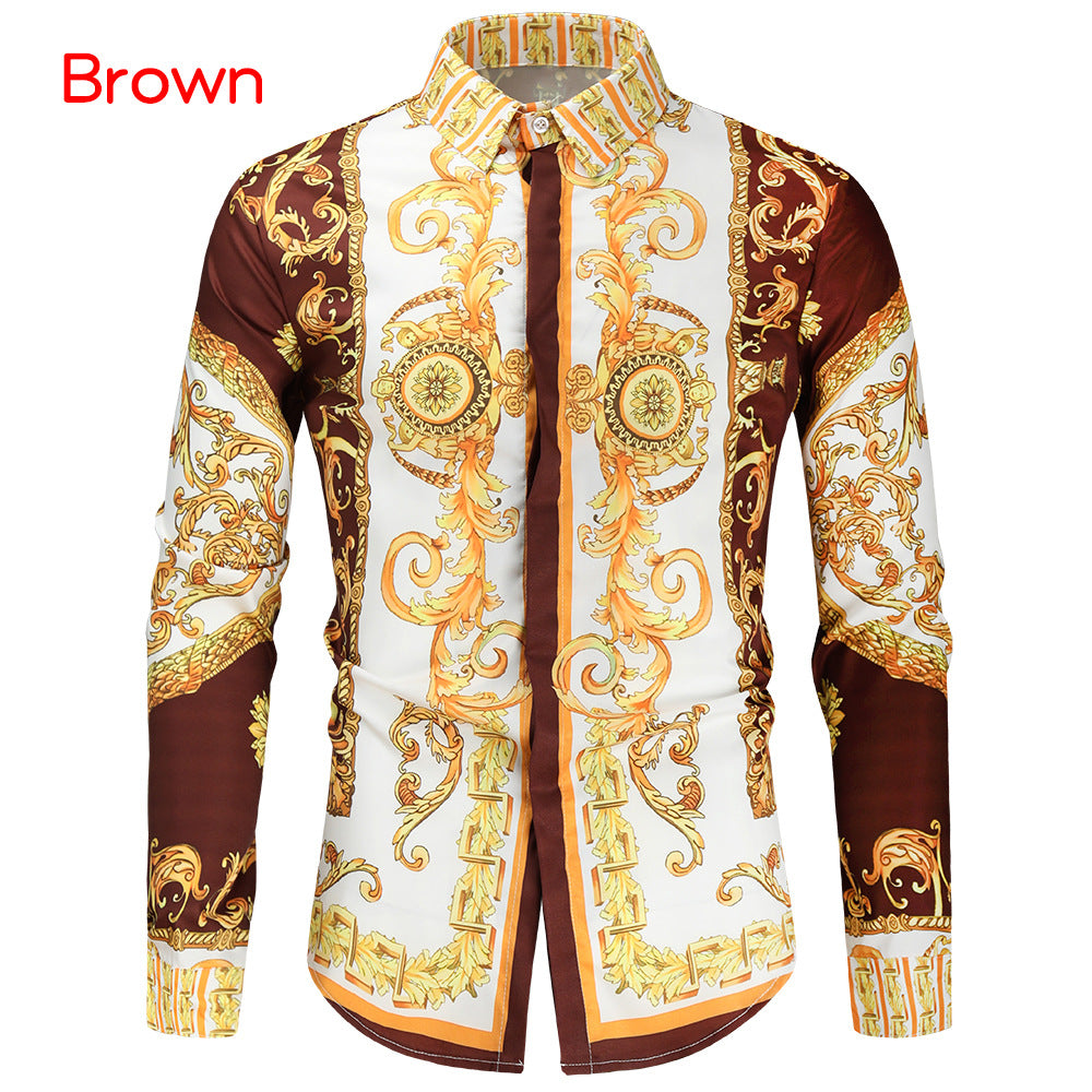 Herren nan barockes Langarm-Hemd mit ornamentalem Druck, Kentkragen und tailliertem Schnitt Drune