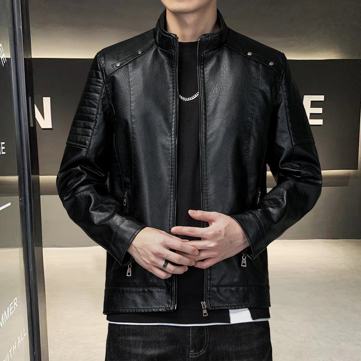 Herren Slim-Fit Kunstleder-Bikerjacke mit Stehkragen und Reißverschlusstaschen Drune