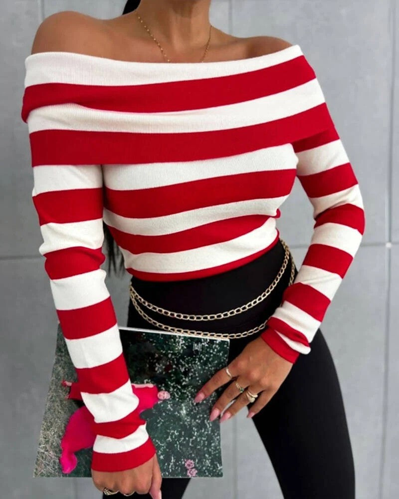Damen Lässiges gestreiftes Oberteil im Off-Shoulder-Stil Drune