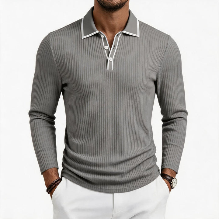 Herren fein geripptes Langarm-Poloshirt aus elastischer Merino-Mixqualität mit Kontrastkanten Drune