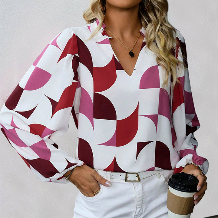 Damen Gemusterte V‑Neck Bluse mit Ballonärmeln und lockerem Fall Drune
