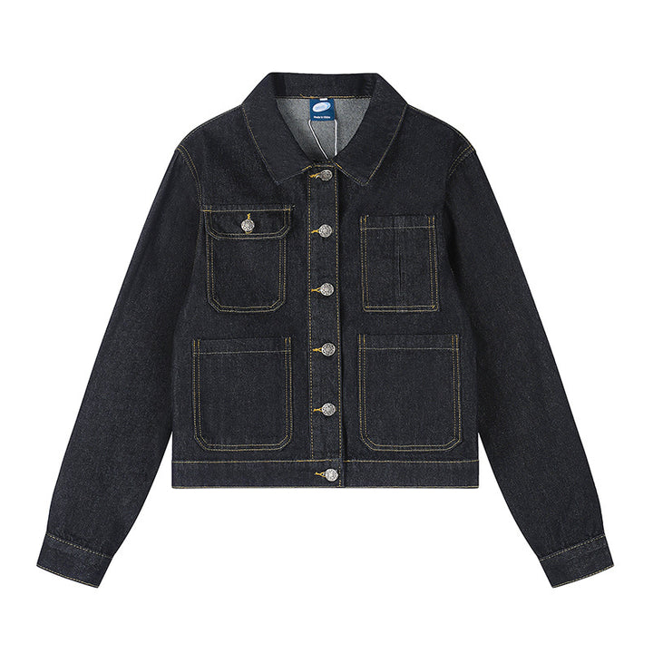 Damen Boxy-Jeansjacke mit aufgesetzten Taschen und sichtbaren Kontrastnähten Drune