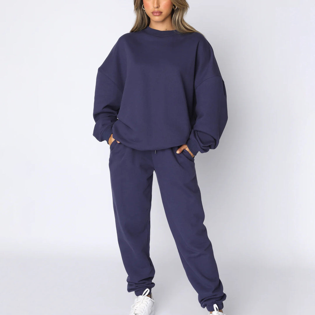 Damen kuscheliges Relax-Sweatshirt- und Jogger-Set aus angerautem Baumwollmix mit Raglanärmeln Drune
