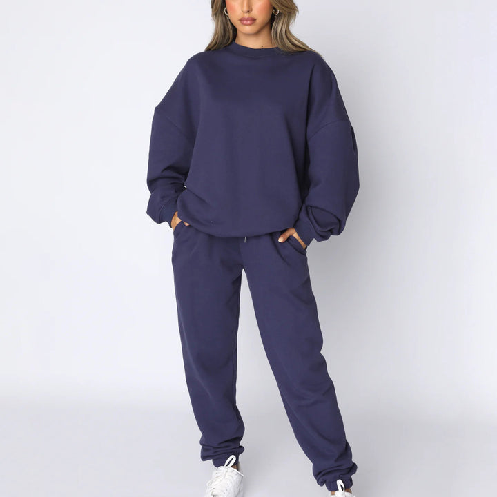 Damen kuscheliges Relax-Sweatshirt- und Jogger-Set aus angerautem Baumwollmix mit Raglanärmeln Drune