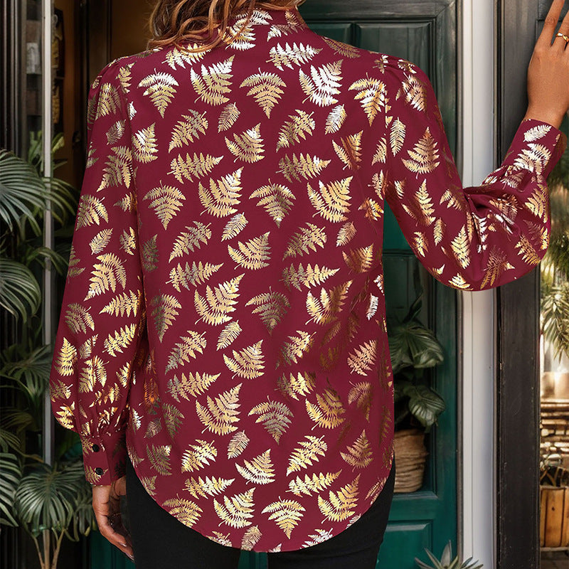 Damen Satin-Bluse mit metallischem Farnprint, Stehkragen & Puffärmeln Drune