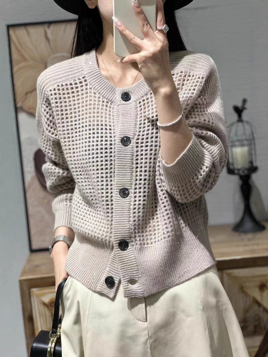 Damen Lockerer Mesh‑Cardigan mit Gitter‑Ajour, Rundhalsausschnitt und Knopfleiste Drune